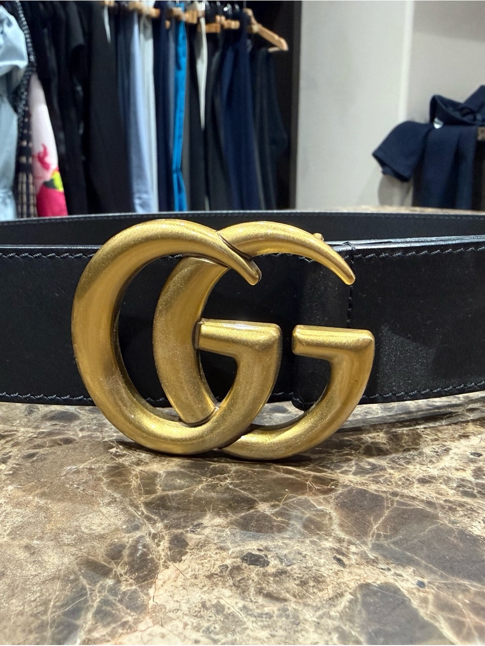 GG Interlocking Buckle Black Leather Belt - Gold Hardware
